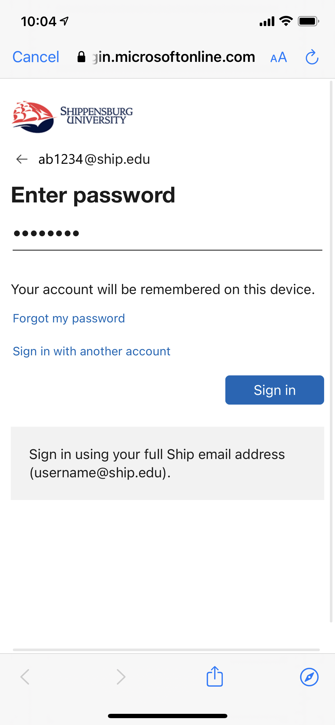 Enter your password and Sign in