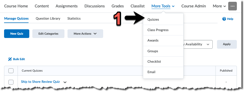Arrow pointing to the Quizzes link under the More Tools menu