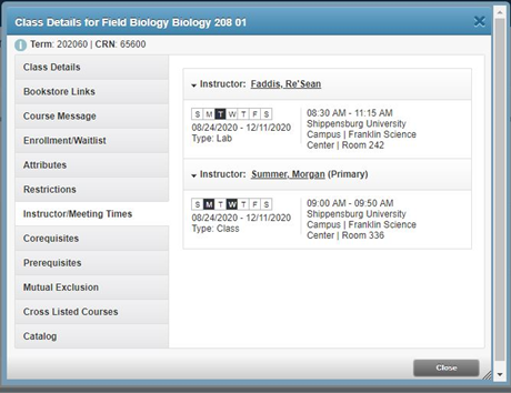 Screenshot shows a list of alternative instructors and meeting times when available