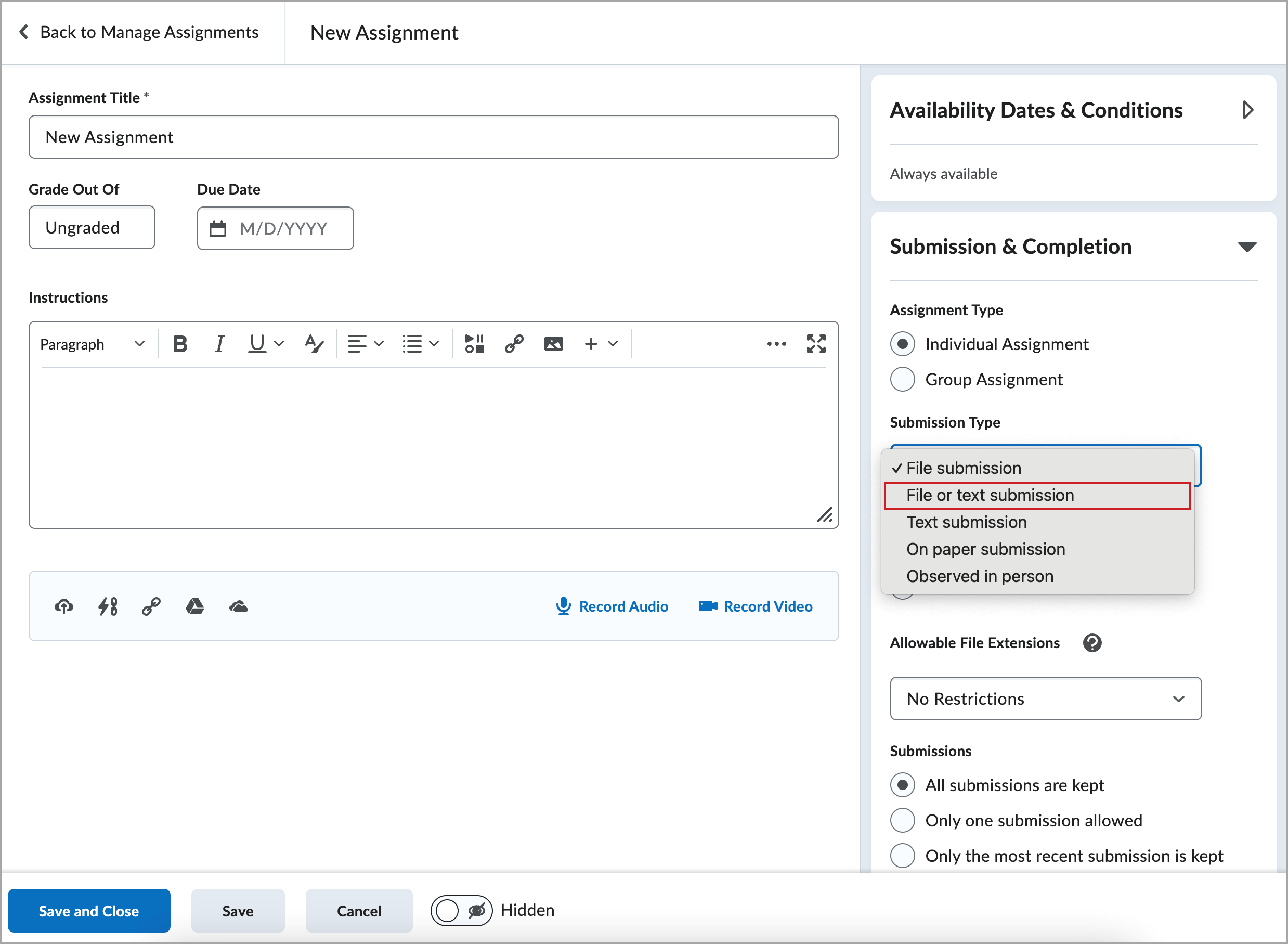 Expanded Submission Type  menu showing five options: File submission, File or text submission, Text submission, On paper submission, and Observed in person.