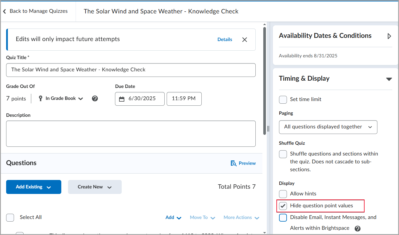 The Edit Quiz page showing Hide question point values checkbox selected in Timing and Display settings.
