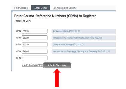 Screenshot displays the course reference number summary