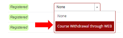 Menu displaying that course withdrawal through WEB option