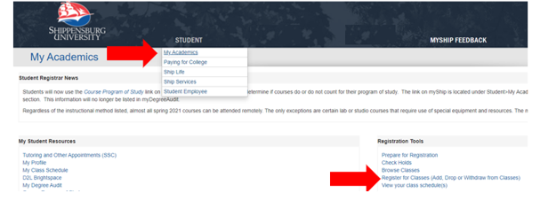 Screenshot from myShip showing location of Register for Classes link