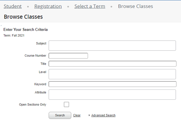 Screenshot displaying browse classes search form