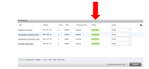 Screenshot showing a successful withdrawal from a course