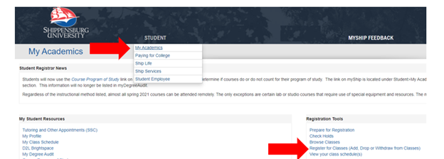 Screenshot of register for classes link in myShip