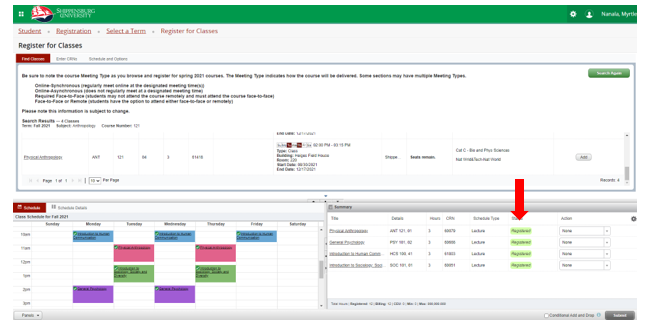 Screenshot displaying registered courses