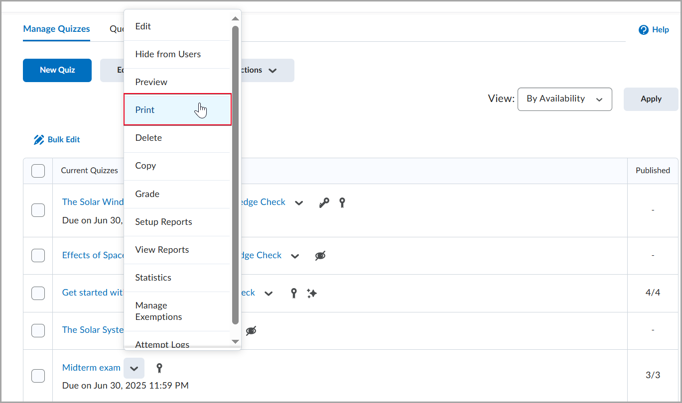 The Print option selected next to a quiz name on the Manage Quizzes page.