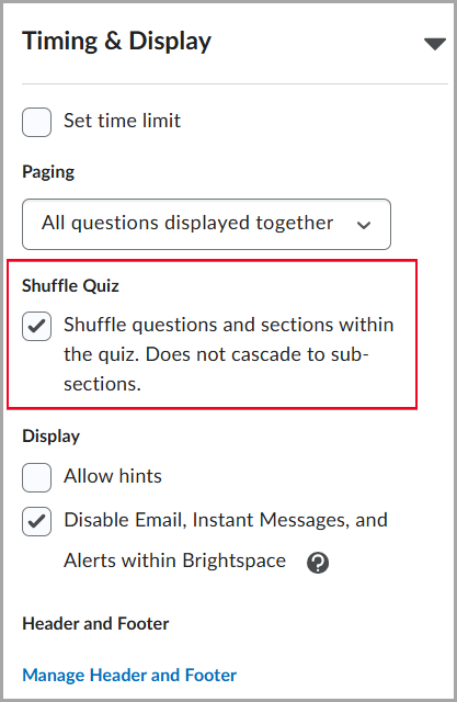 The Timing and Display settings with Shuffle Quiz option enabled.
