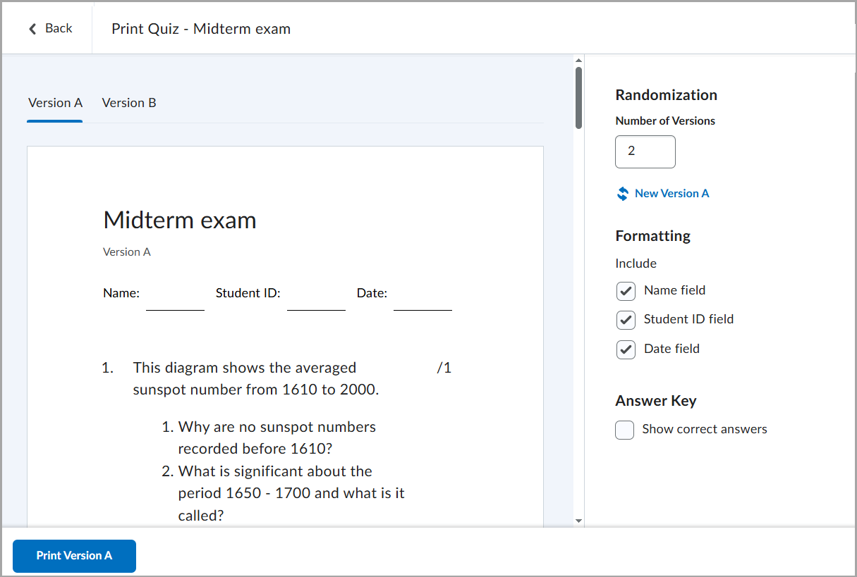 Print preview of a quiz showing formatting options.