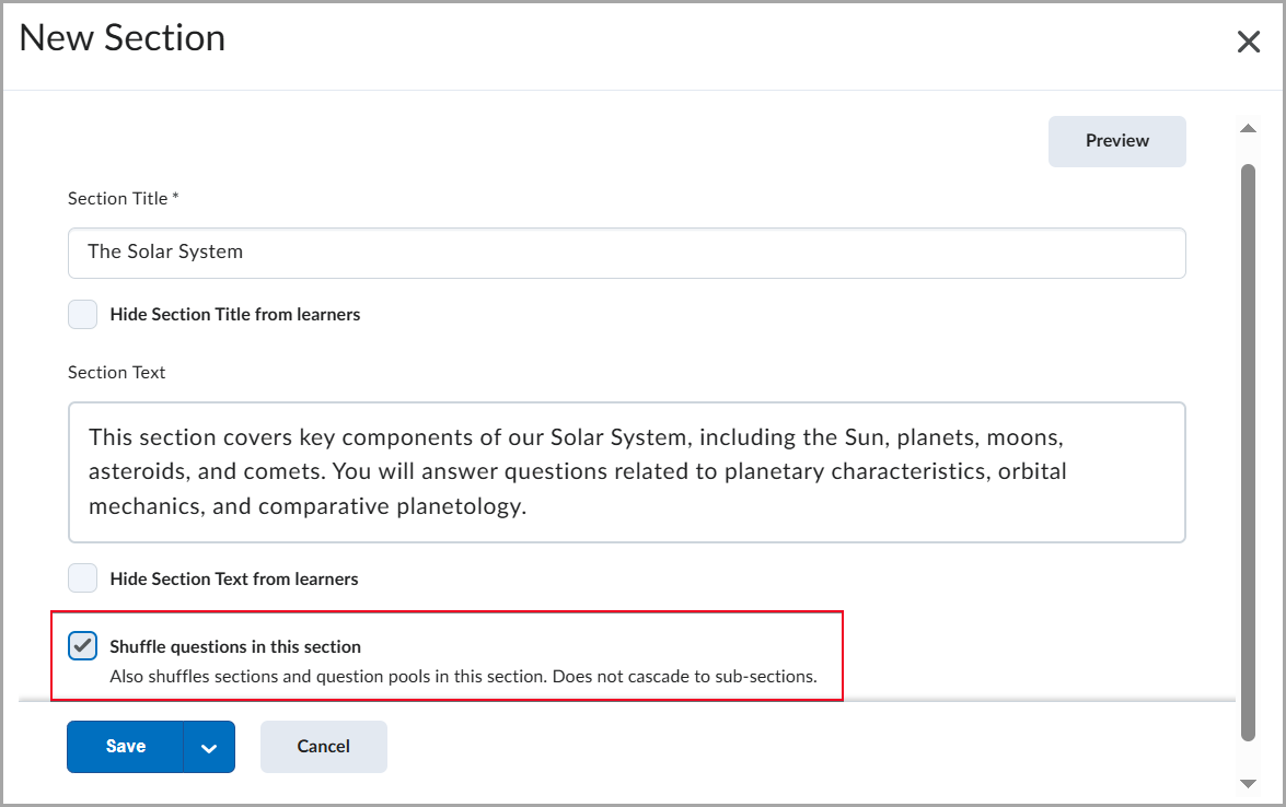 The New Section page with Shuffle questions option enabled.
