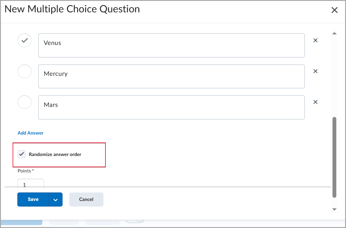 A multiple choice question with Randomize answer order enabled.