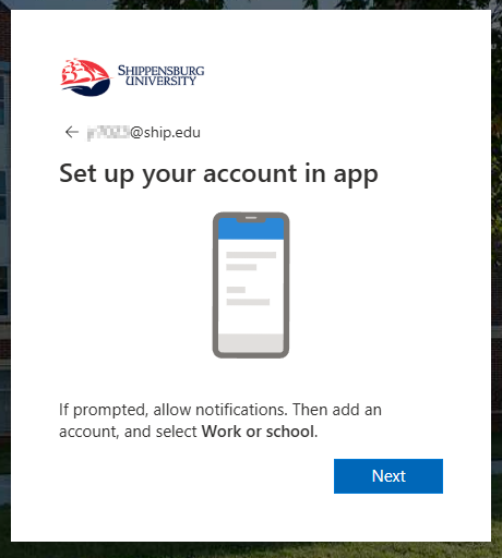 Screenshot instructing to set up the account in the app