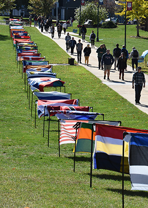 Ship campus green space with a row of international flags