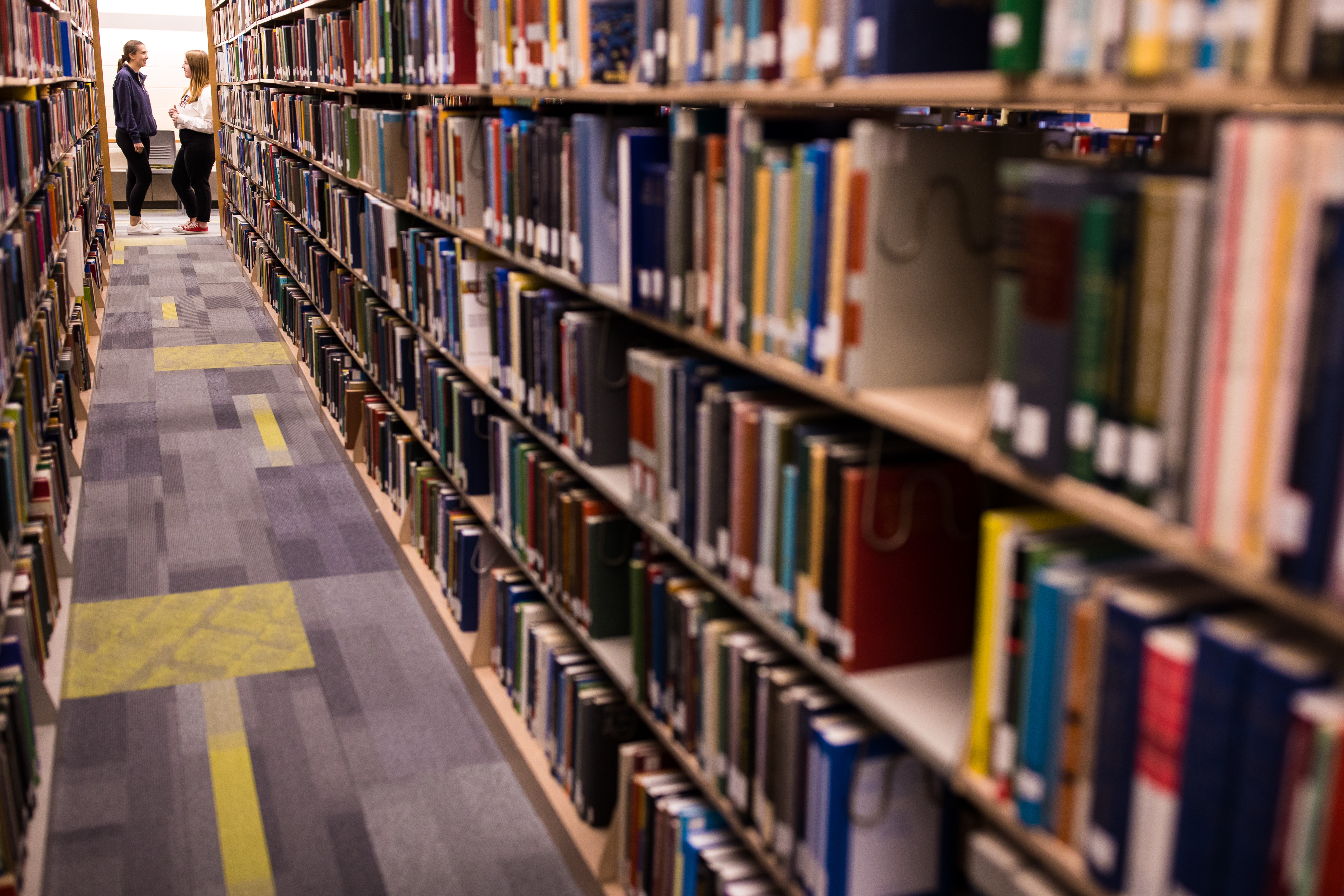 Ship students standing at the end of a library row of books